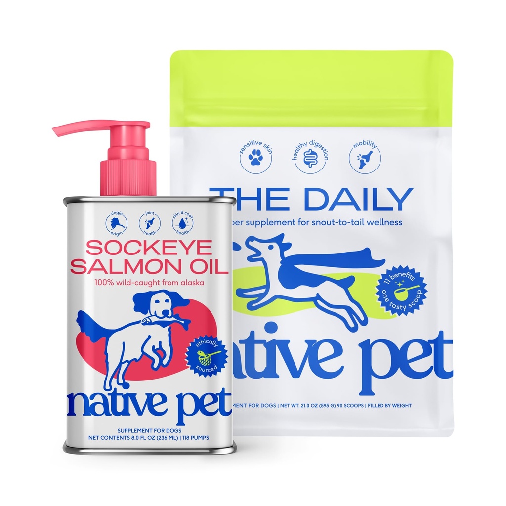 Native Pet The Daily Dog Supplement (90 Scoops) & Salmon Oil for Dogs & Cats (8 Oz.) - 11 in 1 Multivitamin & Pure Omega-3 Fish Oil Supplement for Skin & Coat, Joint, Heart Health & Anti-Inflammatory