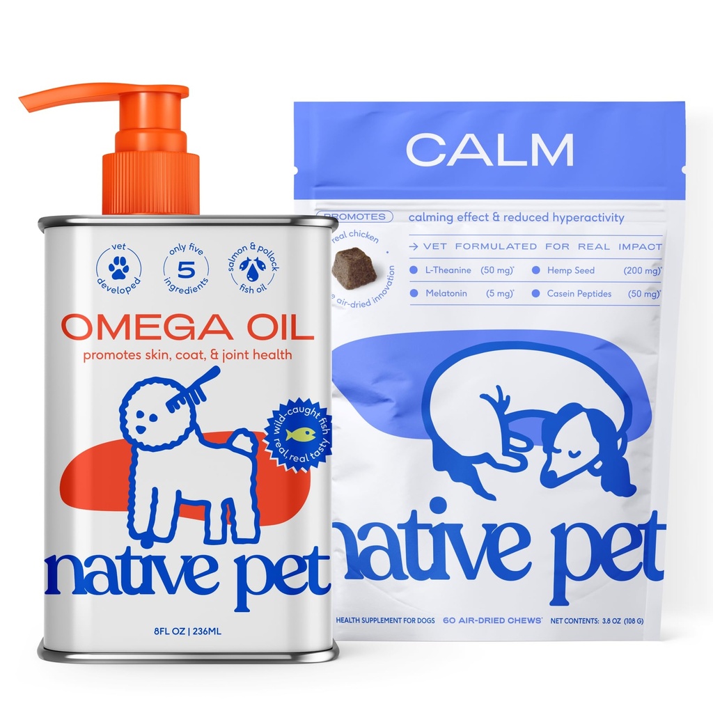 Native Pet Omega Oil for Dogs - Fish Oil Supplements & Calming Chews | Dogs Anxiety Relief Treats & Relaxants | 8 Oz. & 60 Chews