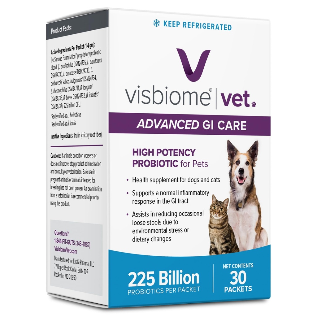 Visbiome® Vet Advanced GI Care High Potency Probiotic for Dogs & Cats – 225B CFU, 8-Strain Formula – Refrigerated, Veterinarian Recommended, Clean Label Certified – 30 Packets