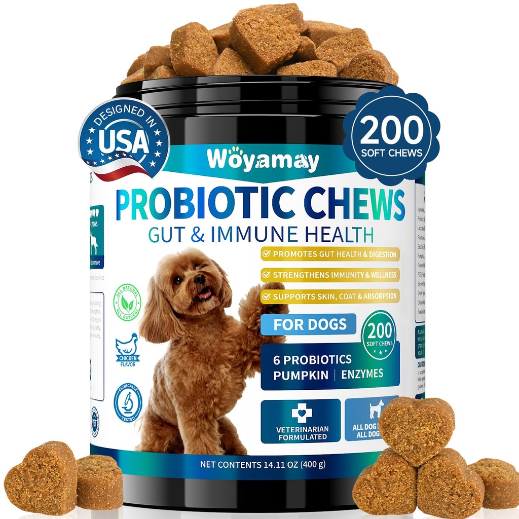 Woyamay Dog Probiotic for Dogs, 200 Soft Treats Dog Probiotics for Digestive Health & Immune System, Probiotic Chews for Dogs, Support Gut Health|Itchy Skin|Diarrhea|Gas Relief Treatment