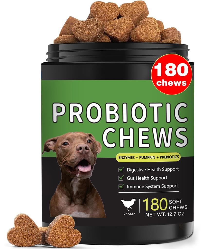 Probiotics for Dogs - 180 Dog Probiotics Chews with 5 Enzymes & 4 Prebiotics for Digestive and Gut Health - Diarrhea & Bowel Support, Yeast Balance, Immunity, Allergies & Itchy Skin (Chicken)