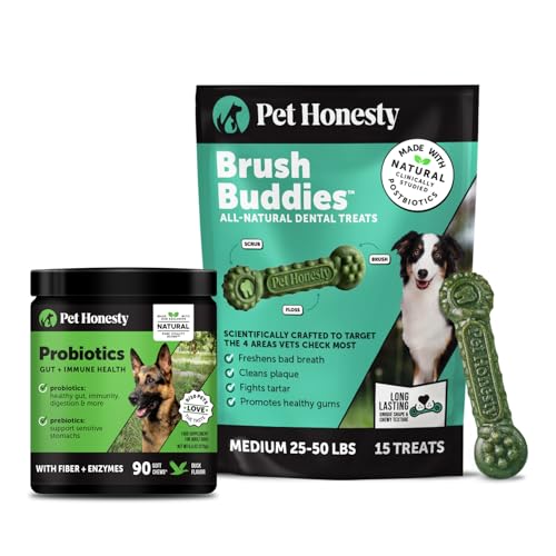 Pet Honesty Dog Wellness Virtual Bundle – Probiotics Supplement (Duck, 90 Ct) + Brush Buddies Dental Sticks for Medium Dogs (15 Ct) – Digestive & Dental Support