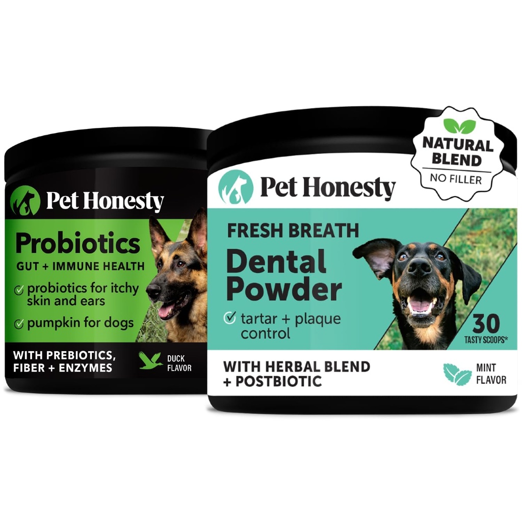 Probiotics for Dogs + Dental Powder Virtual Bundle for Teeth Cleaning & Plaque Removal, Dog Probiotics for Gut Health, Diarrhea, Bowel Support & Itch Relief