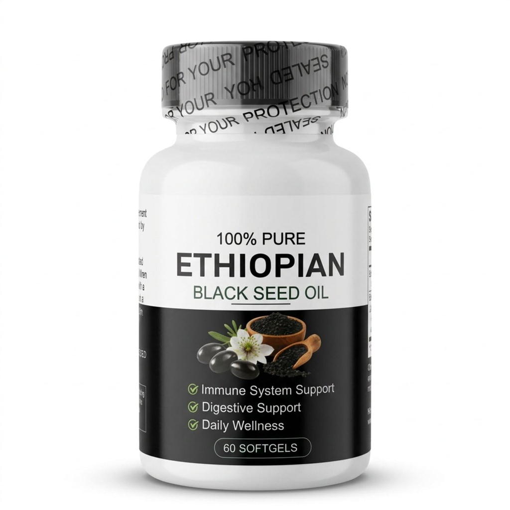 Ethiopian Black Seed Oil, Cold-Pressed from Pure Black Cumin Seeds, Rich in Thymoquinone, Immune Support & Digestion & Energy Booster,Non-GMO, Gluten-Free, 60 Softgels