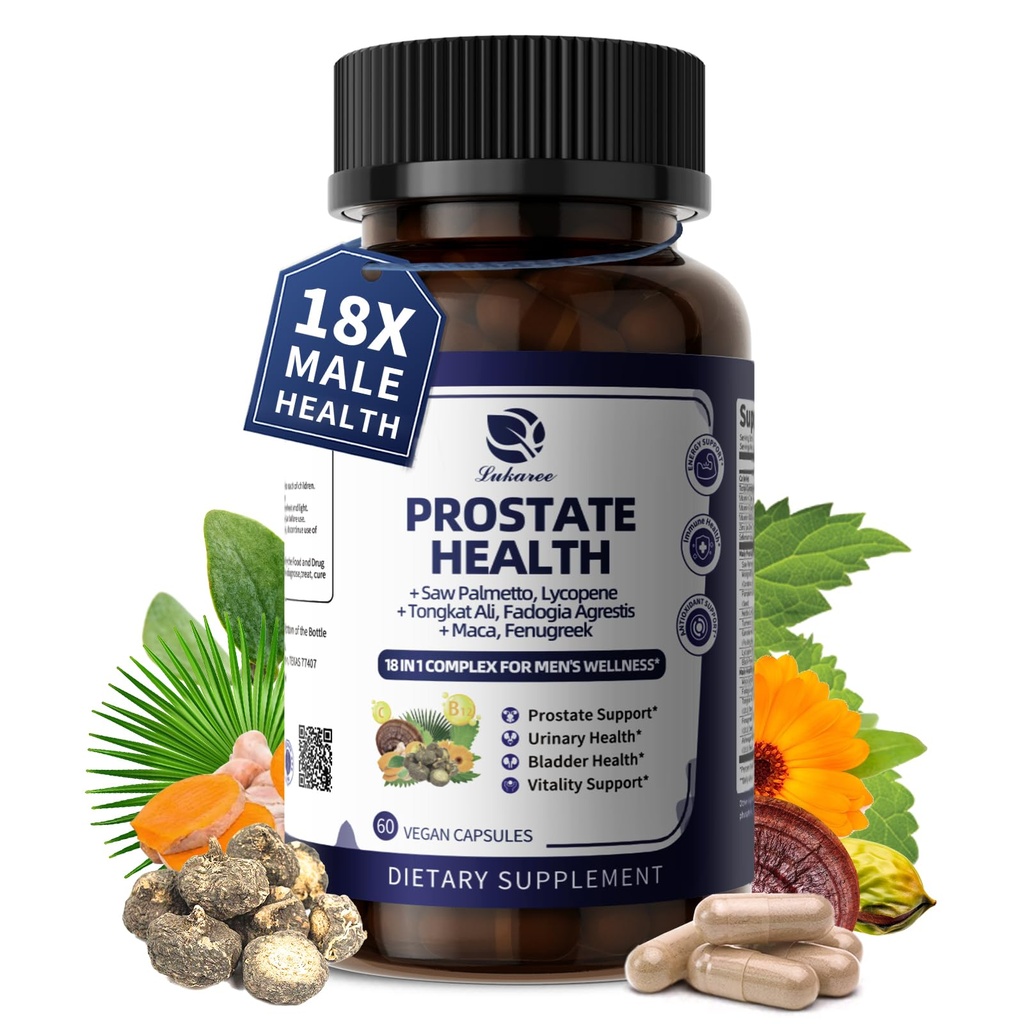 Lukaree Prostate Health Supplements for Men - 18 in 1 Saw Palmetto with Pumpkin Seed & Nettle - Advanced DHT Blocker - Urinary Tract Health Support - with Ashwagandha, Reishi, 60 Capsules