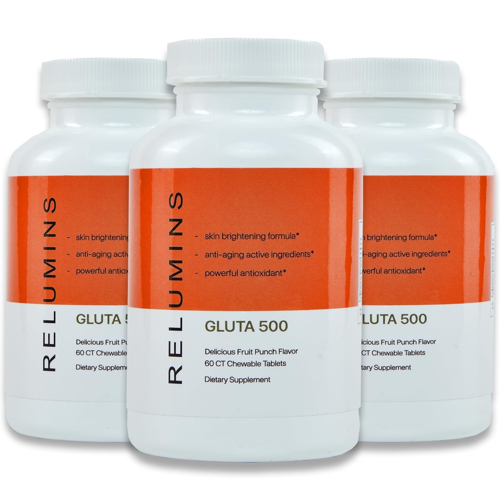 Relumins Gluta 500 Chewable Tablets with Glutathione, Hyaluronic Acid, Vitamin C, Biotin & Collagen – Supports Skin Tone & Glow, for a Summer Glow Skin – 60 Tablets x 3 Bottles