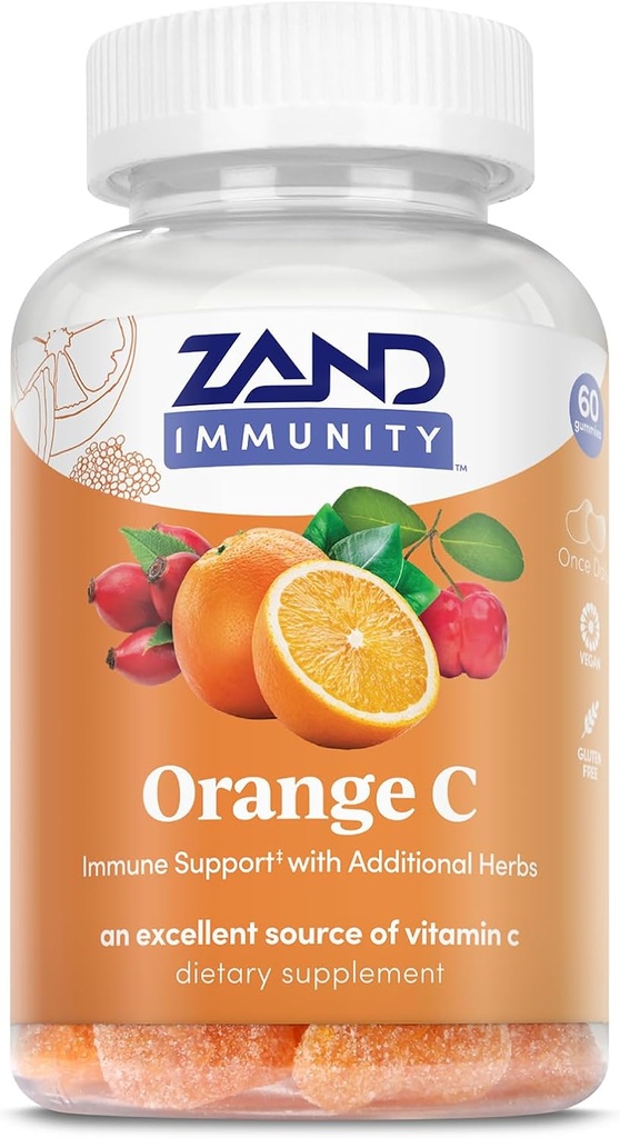 ZAND Immunity Orange Vitaminum C Gummies, Wellness and Immune Support Additive, Chewable Vitaminate C w / Citrus Bioflavonoids, Rose HIPS and Acerola, Vegan, Gluten Free, 60- Dienos garantija, 30 Paslaugos