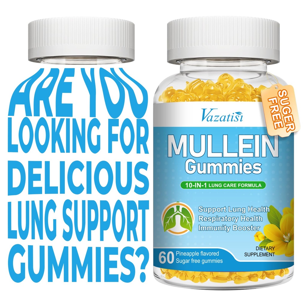 Mullein Gummies, Mullein Leaf Extract for Lungs Gummies with Bromelain, Quercetin, Magnesium - Lung Detox & Cleanse, Pineapple Flavor, 120Cts