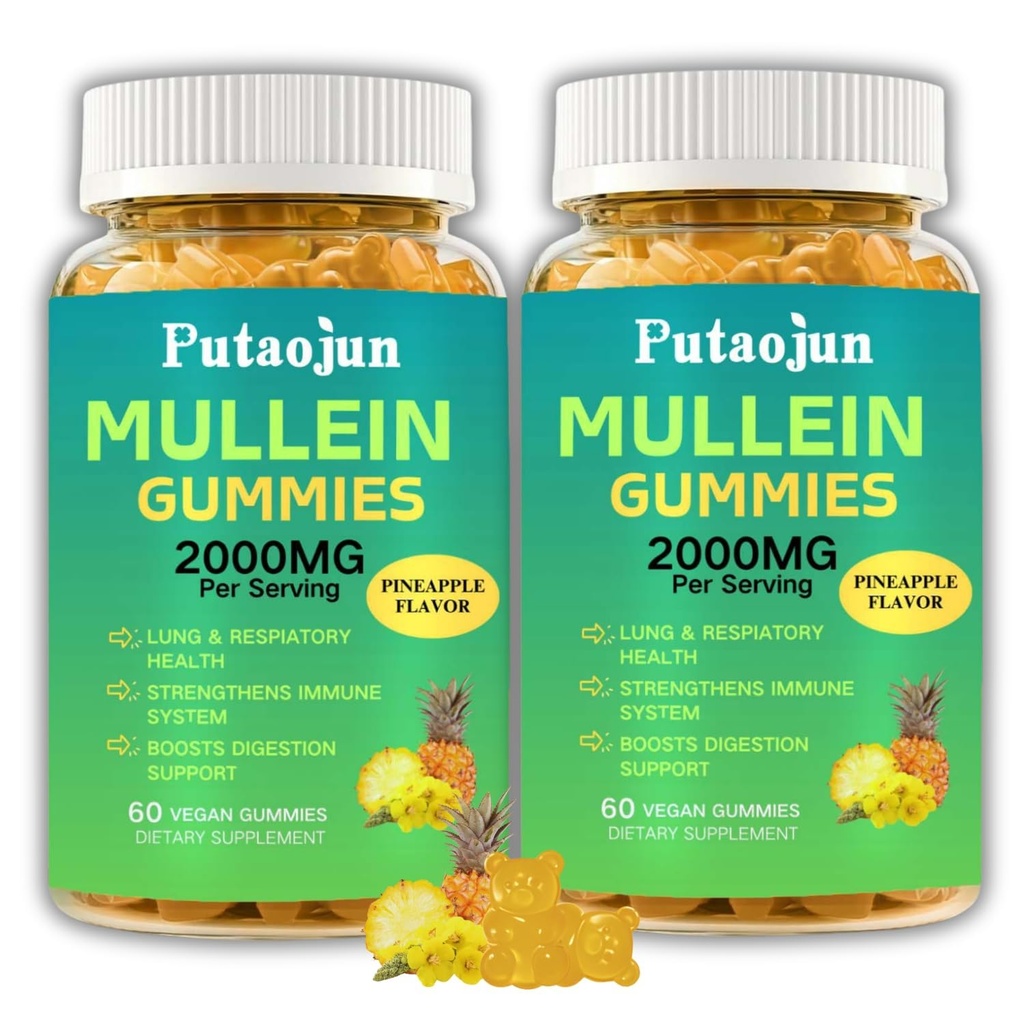 2 Pack 2000MG Mullein Gummies, Sugar Free Mullein Supplements for Respiratory Health, Organic Mullein Leaf Extract with Bromelain, Quercetin - Lung Support, Vegan, 120ct