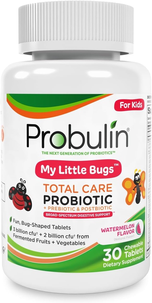 Probulin Total Care Kids Probiotic Chewable Tablets, My Little Bugs Prebiotics, Probiotics, and Postbiotics Chew Additions, 5 Billion CFU, 15 Щамове, 30 Count Bottle