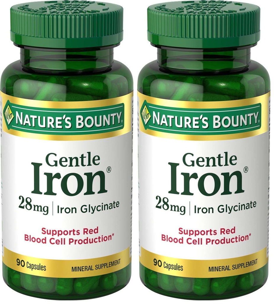 Nature’s Bounty Gentle Iron 28 mg Capsules with Vitamin C,Folic Acid,Vitamin B-12 Iron Supplement,Non-GMO,Gluten-Free,90 Count (Pack of 2)