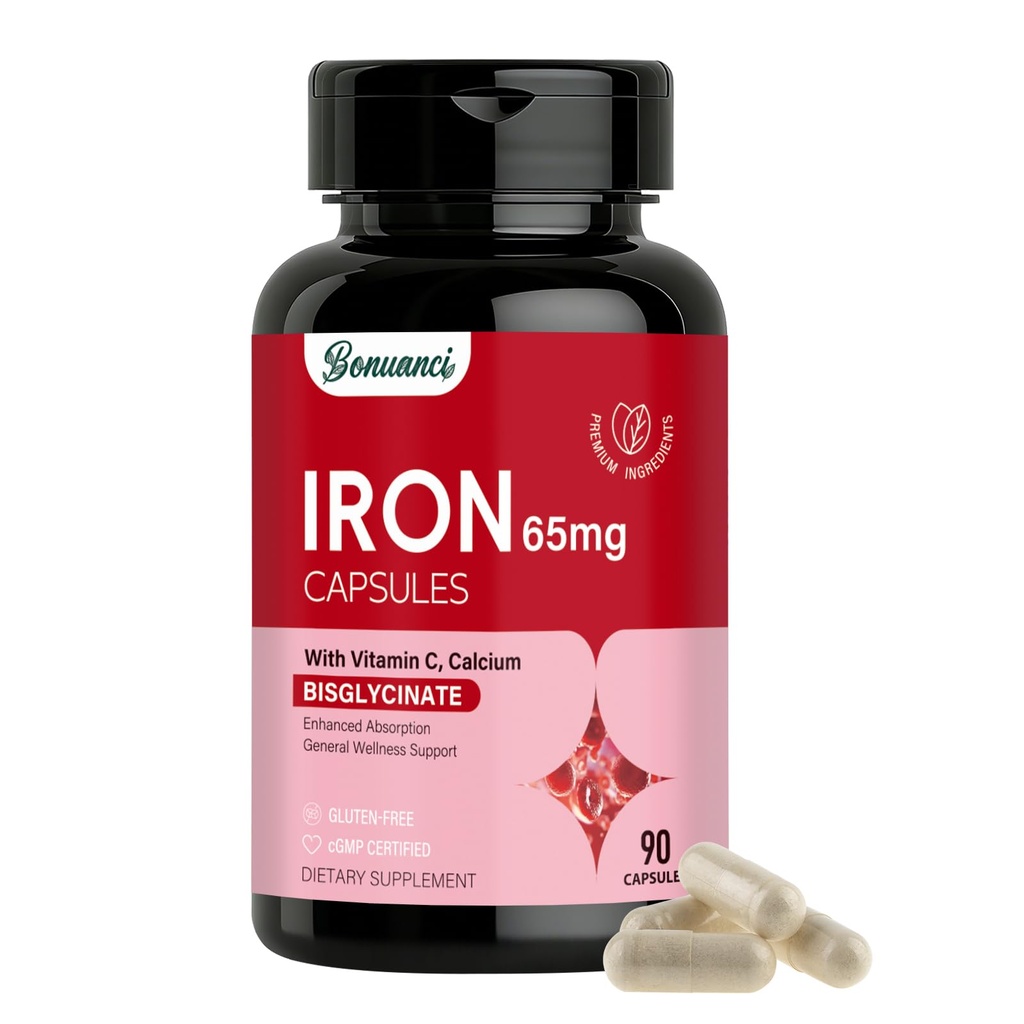 Iron Supplement - Iron 65mg High Absorption Iron Bisglycinate with Vitamin C, Calcium, Gentle Iron Pills for Women Men - Non GMO & Gluten Free, Stomach Friendly, 90 Capsules