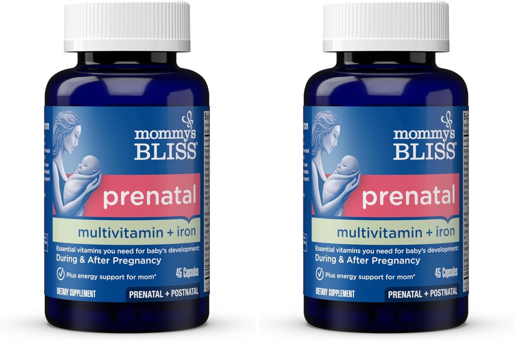 Mommy's Bliss Prenatal Multivitamin with Iron and Folic Acid, Supports Baby Development + Mom Immune System & Energy Levels w/B Vitamins & Probiotics, Vegan & Gluten Free (45 Servings),(Pack of 2)