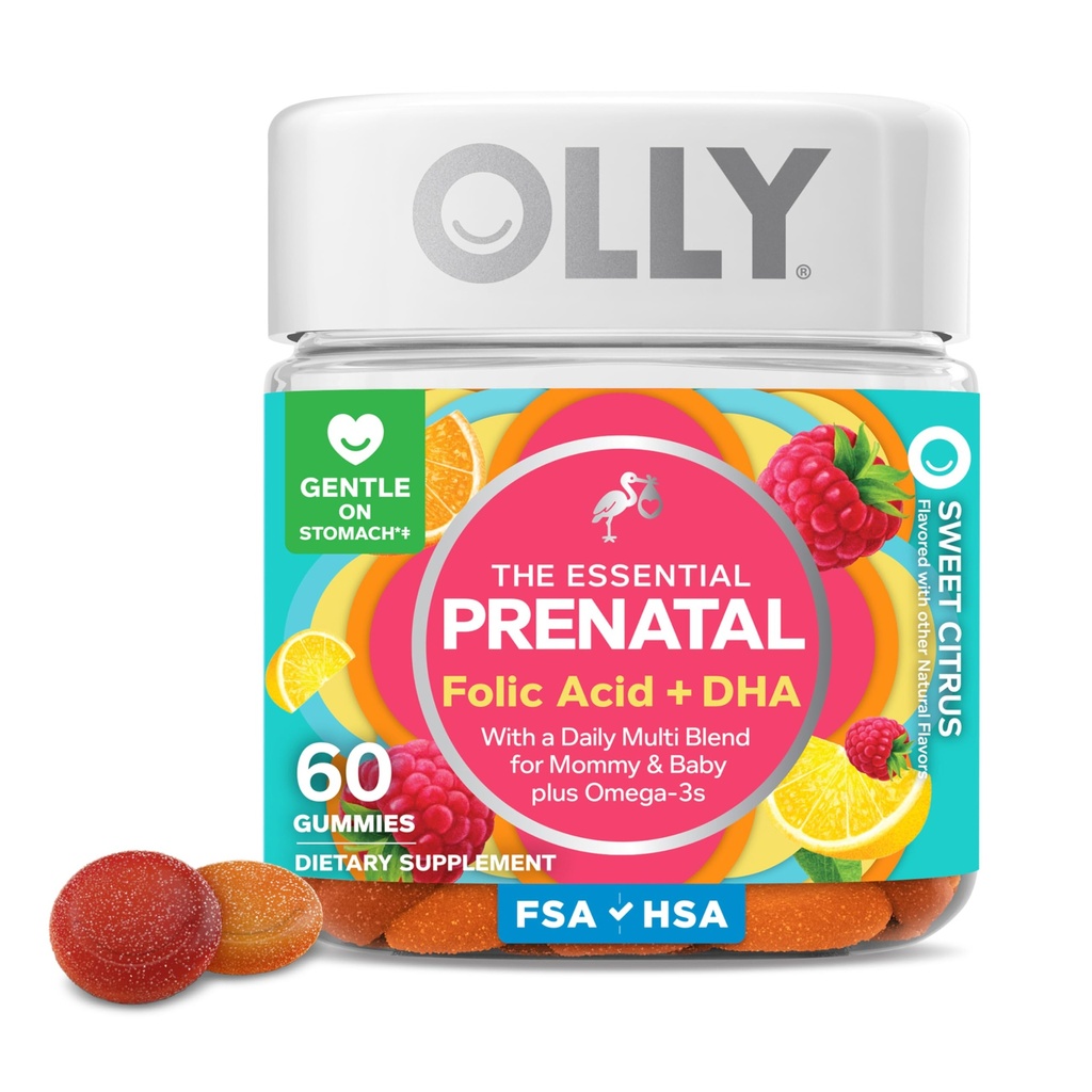 OLLY Prenatal Multivitamin Gummy, Supports Healthy Growth and Brain Development, Folic Acid, Vitamin D, Omega 3 DHA, Chewable Supplement, Citrus Berry Flavor, 30 Day Supply - 60 Count (Pack of 12)