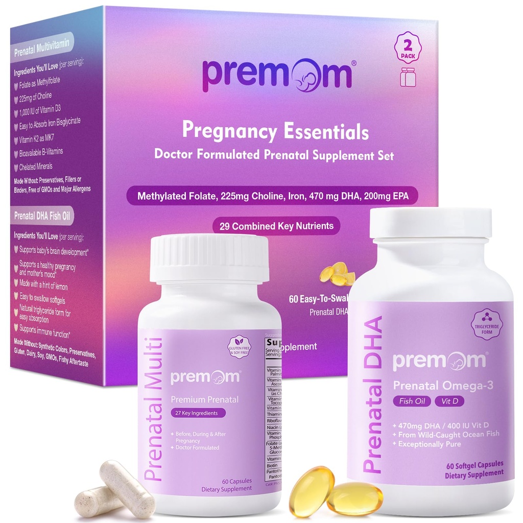 Premom Prenatal Vitamins for Women Capsules & Prenatal DHA Mini Softgels Bundle, Womens Prenatal Multivitamin & Mineral Supplement, Triglyceride Omega 3 Fish Oil, Fertility & Baby Brain Support*
