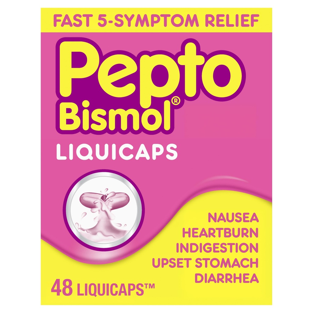Pepto Bismol Liquicaps, Upset Stomach Relief, Nausea Relief, Heartburn Relief, Indigestion Relief, Anti Diarrhea Medication for Adults - 5 Symptom Fast Relief, No Flavor, 48 ct