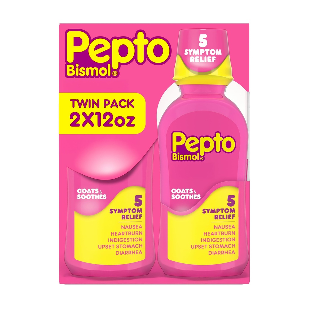 Pepto Bismol Liquid, Upset Stomach Relief, Nausea Relief, Heartburn Relief, Indigestion Relief, Anti Diarrhea Medication for Adults - 5 Symptom Fast Relief, 2x12 oz (Packaging May Vary)