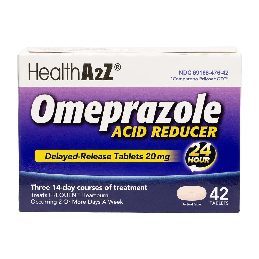 HealthA2Z® Acid Reducer | Omeprazole 20mg | Delayed - Release Tablets | 24 Hours | Treats Frequent Heartburn | Occuring 2 or More Days A Week (42 Counts)