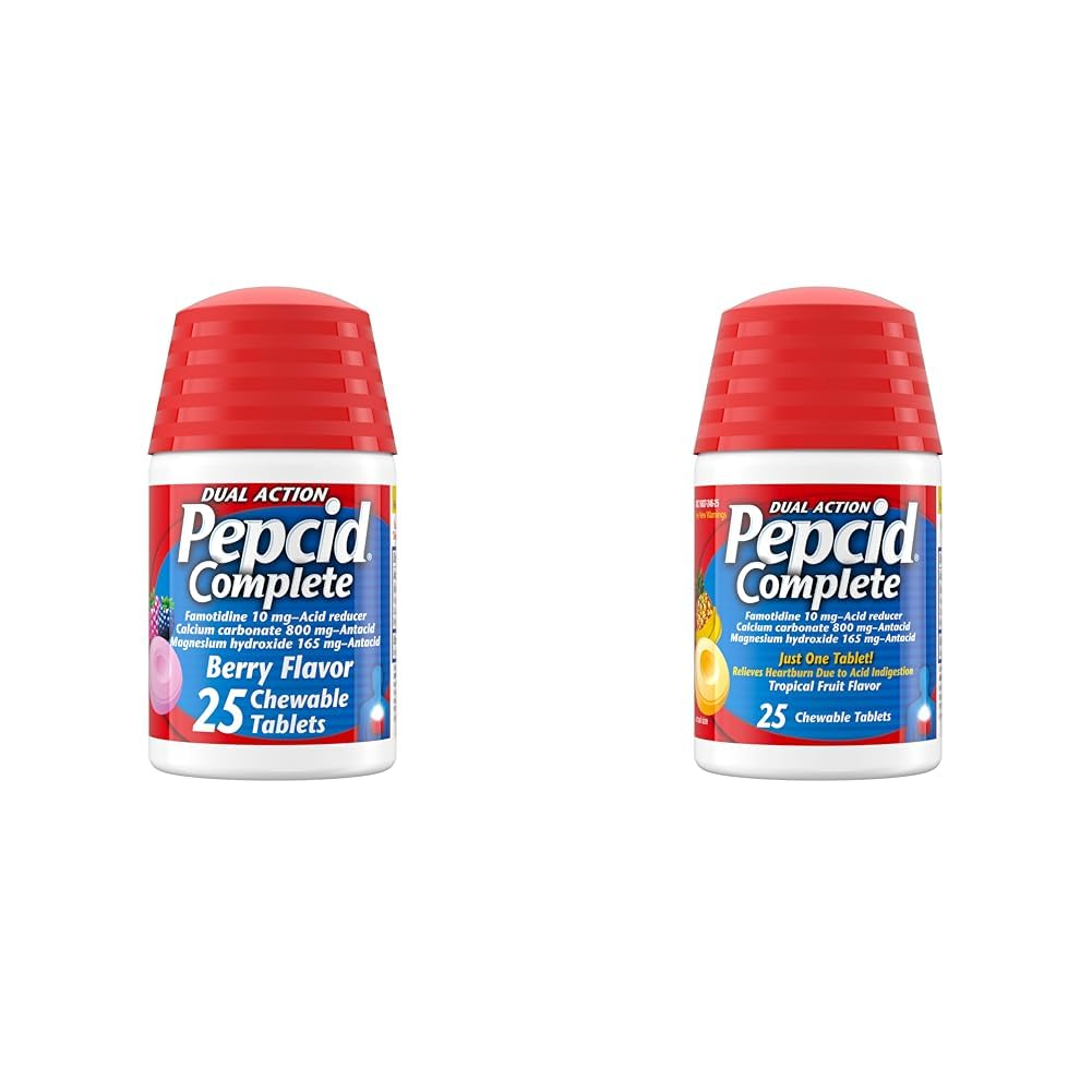 Pepcid Complete Acid Reducer+Antacid for Acid Reflux,10mg Famotidine, 800mg Calcium Carbonate & 165mg Magnesium Hydroxide per Heartburn Medicine Tablet Antacid Chews Berry 25ct and Tropical Fruit 25ct