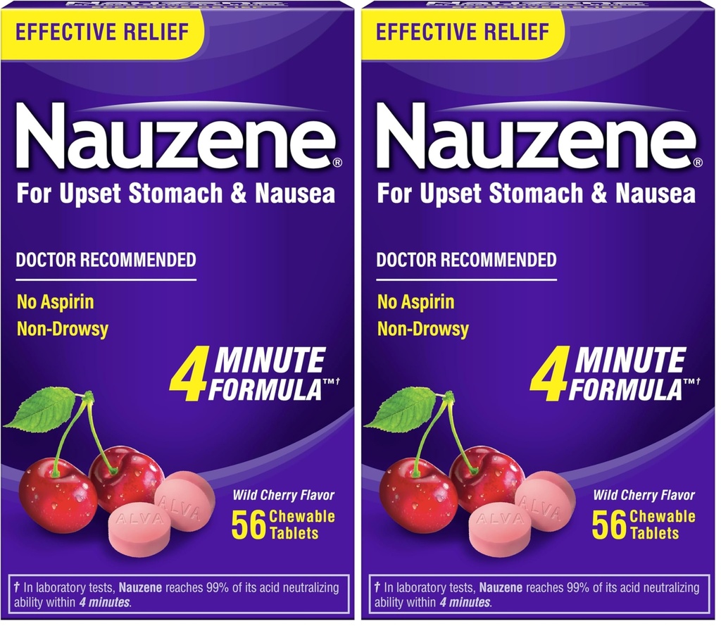 Nauzene Non-Drowsy Upset Stomach & Nausea Relief Chewable Tablets | 4-Minute Formula | Doctor Recommended | Wild Cherry Flavor |, 56 Count (Pack of 2)