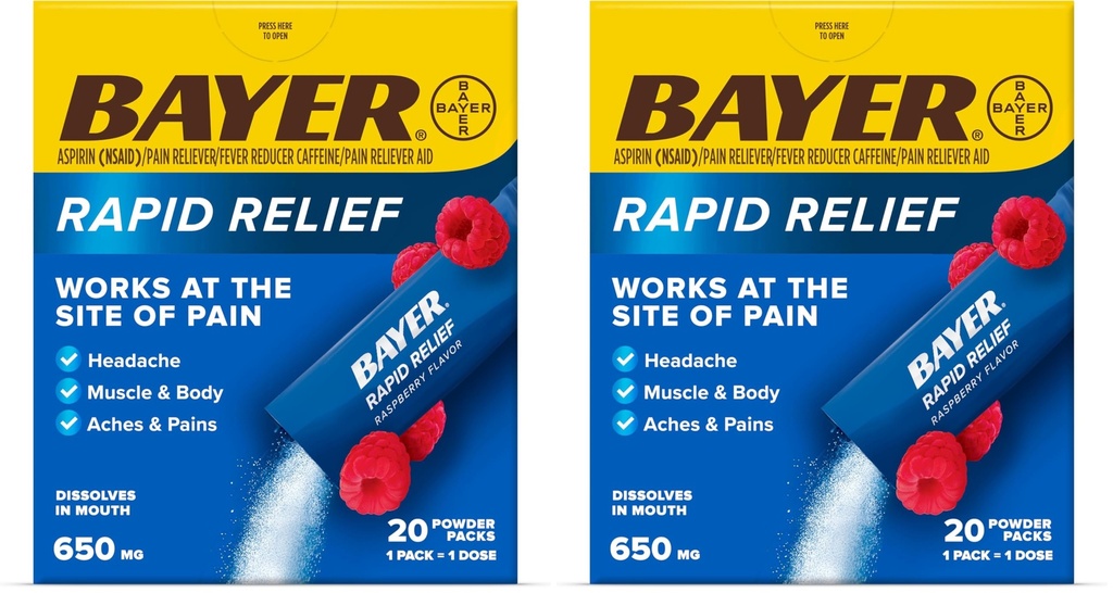 Bayer® Rapid Relief, Dissolvable Raspberry Flavor, Powder Packs with Aspirin & Caffeine, Fast Acting Headache Relief, Muscle and Body Pain Reliever, 20ct,(Pack of 2)