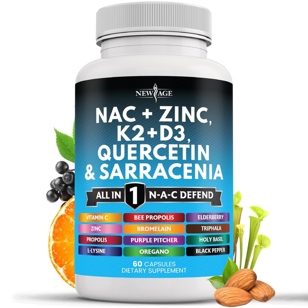 NEW AGE NAC Supplement N-Acetyl Cysteine- with Vitamin D3, K2, Zinc, Quercetin, Triphala, Sarracenia Purpurea, Elderberry, Holy Basil, Bee Propolis, Bromelain, L-Lysine - 60 Count