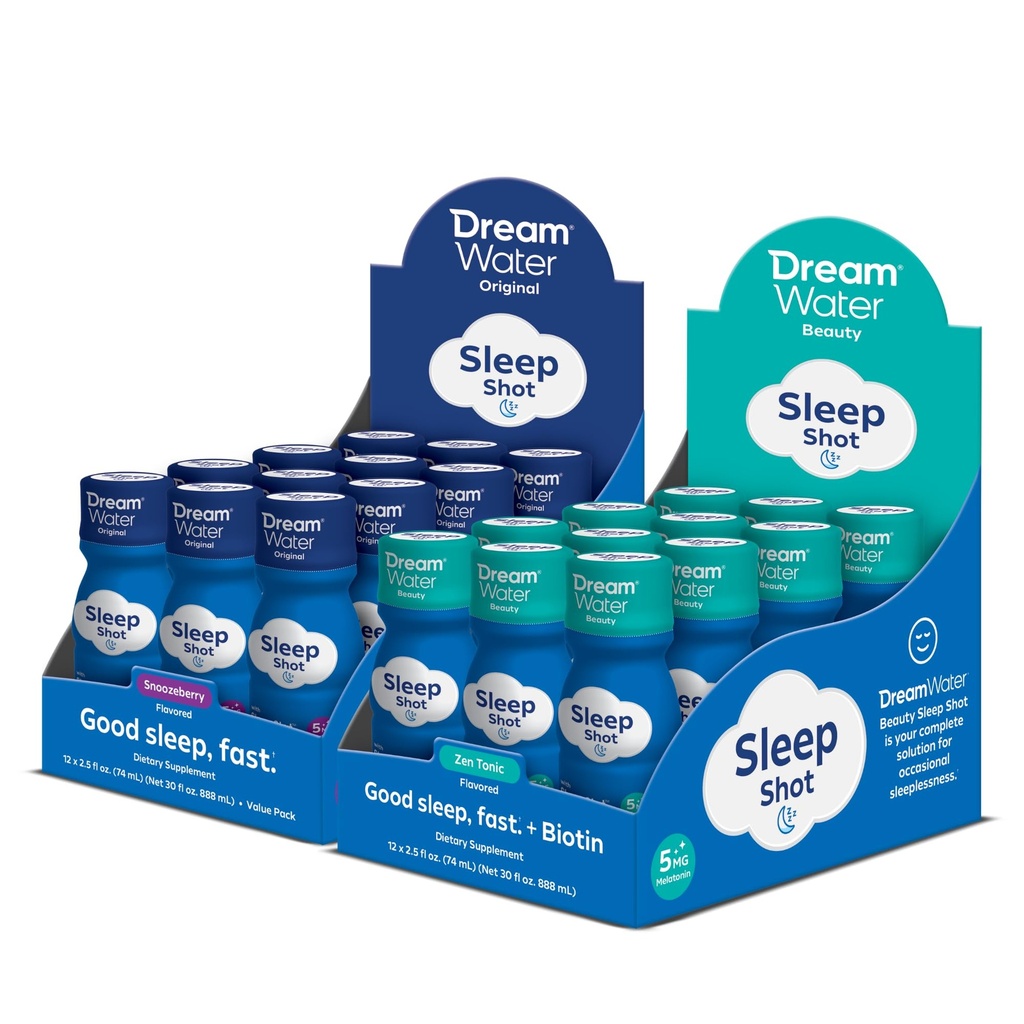 Dream Water Sleep Aid Supplement Drink; Melatonin 5mg, GABA, 5-HTP; 2.5 oz Sleep Water, Snoozeberry + Beauty Zen Tonic, 24-Pack