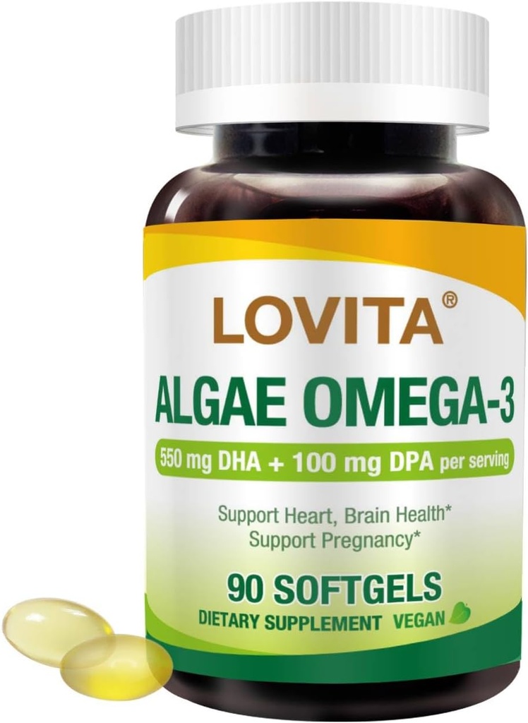 Lovita Algae Omega-3, Vegan i Plant- based DHA & DPA, Fish Oil Alternative, 1000mg Algae Oil, Support Heart and Brain Health, Carrageen- Free, 90 Softgels