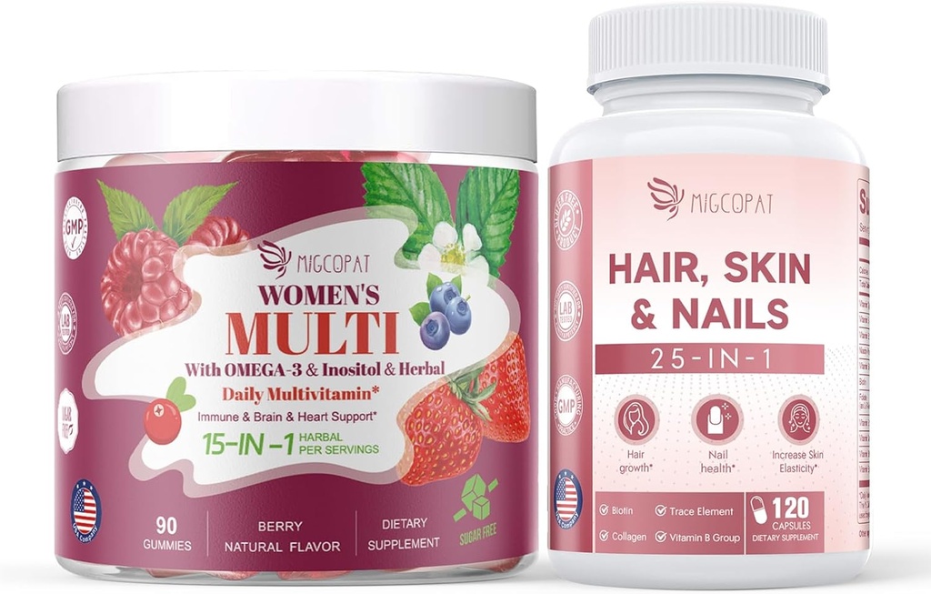 Femei Multivitamine Gummies & Hair, Piele & Nails Supliment Bundle, Brain & Heart Support, Gut & Digestion, Cresterea parului, Skin Health, Nail Forta