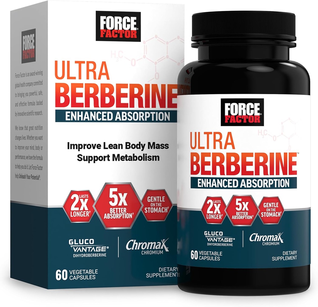 FORCE FACTOR Ultra Berberine, Ceylon Cinnamon, Dihidrberberine və Chromium, 5X Absoreksiya, 2X Uzun Sonlaşdırma, Krem Body Mass, 60 Bitki Kapsülləri