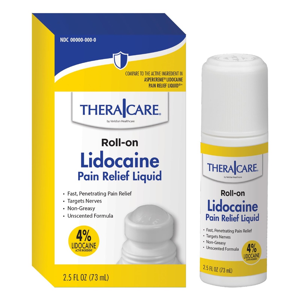 TheraCare 4% Lidocaine Roll-On | OTC Strength | Pain Relief Liquid | 2.5 oz. 73 mL | Non-Greasy, Unscented Formula | Topical Anesthetic