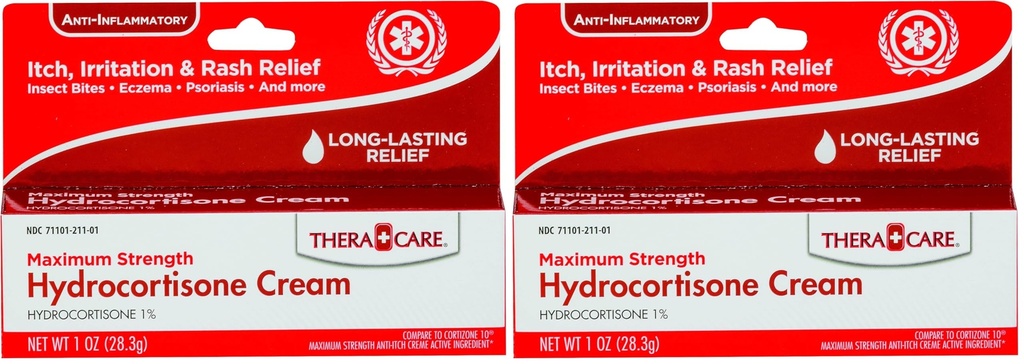 Thera Care Hydrocortisone Cream | Maximum Strength OTC | Itch Irritation and Rash Relief | 1 oz (Pack of 2)