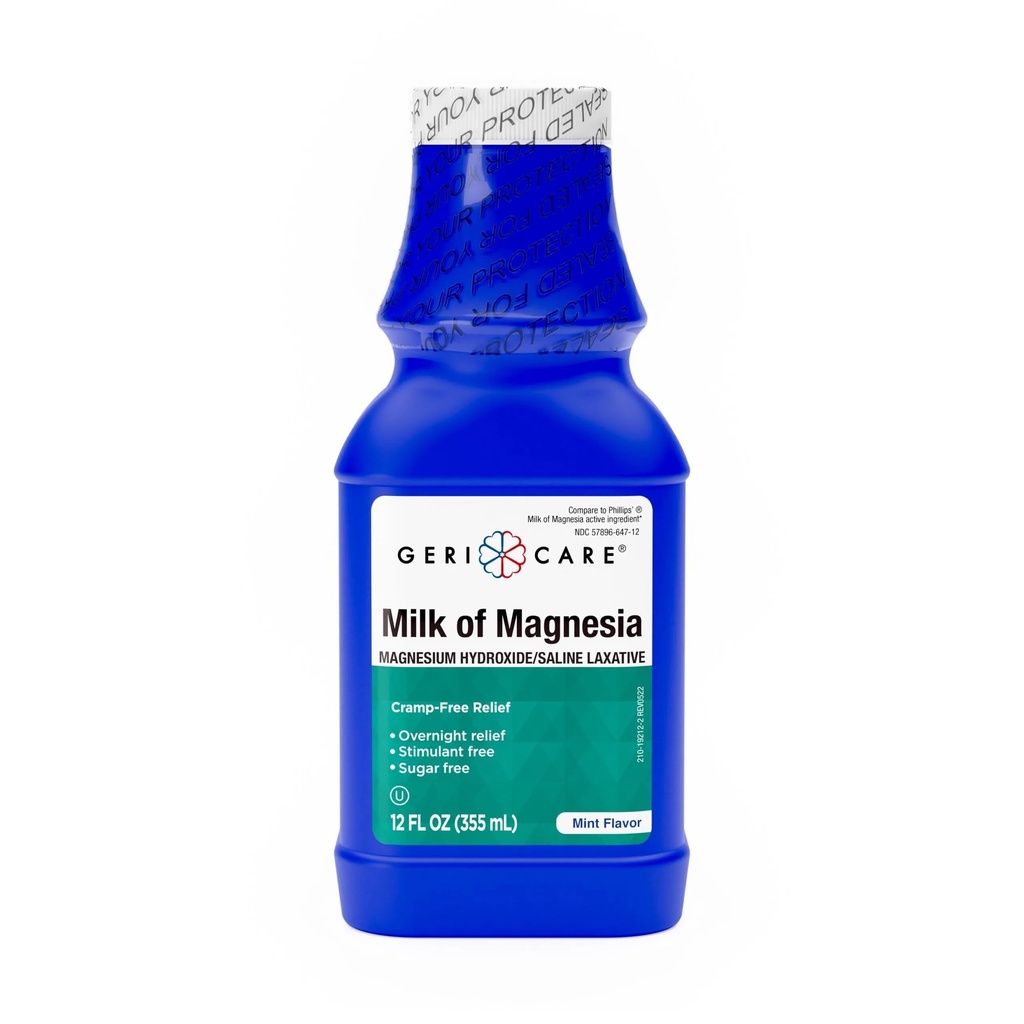 GeriCare Milk of Magnesia, Magnesium Hydroxide 1200mg | Mint Flavor | Constipation Relief | Cramp-Free, Saline Laxative | 12 Fl Oz (Pack of 1)