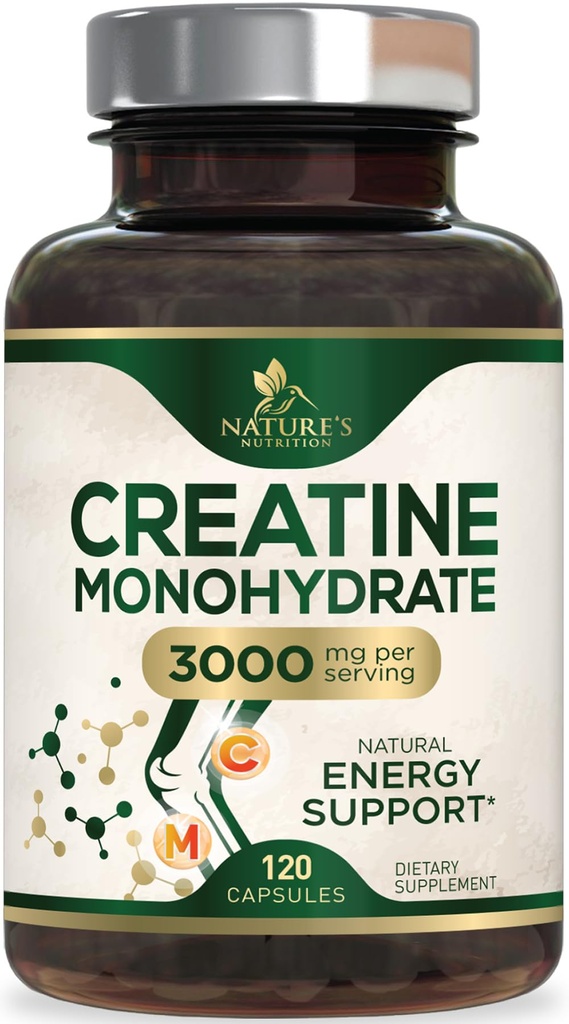 Creatine Monohydrate 3000mg Per Serving – Micronized Creatine Powder Capsules - Supports Lean Muscle, Strength, Energy, & Endurance - Nature's Supplement, Non-GMO, Bottled in USA - 120 Capsules