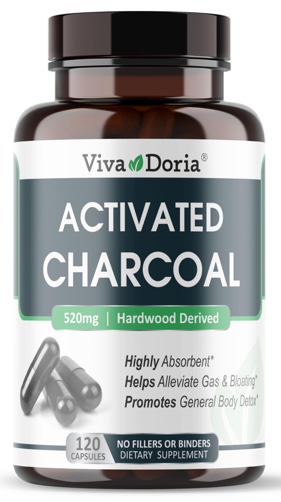 Viva Doria Activated Charcoal 520 mg, 120 Vegetable Capsules Highly Absorbent Helps Alleviate Gas & Bloating Supports Natural detoxification