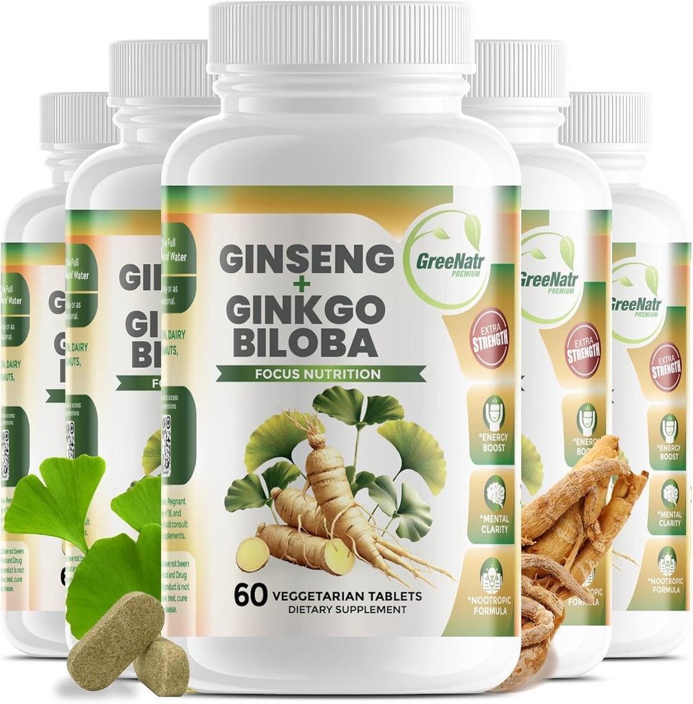 GreeNatr Ginko Biloba &amp; Panax Ginseng Suplemento - Red Ginseng for Memory and Focus - Ginkgo Biloba for Good Vision, Immune System and Improved Blood Flow (360 Tablets: 6 Bottles)