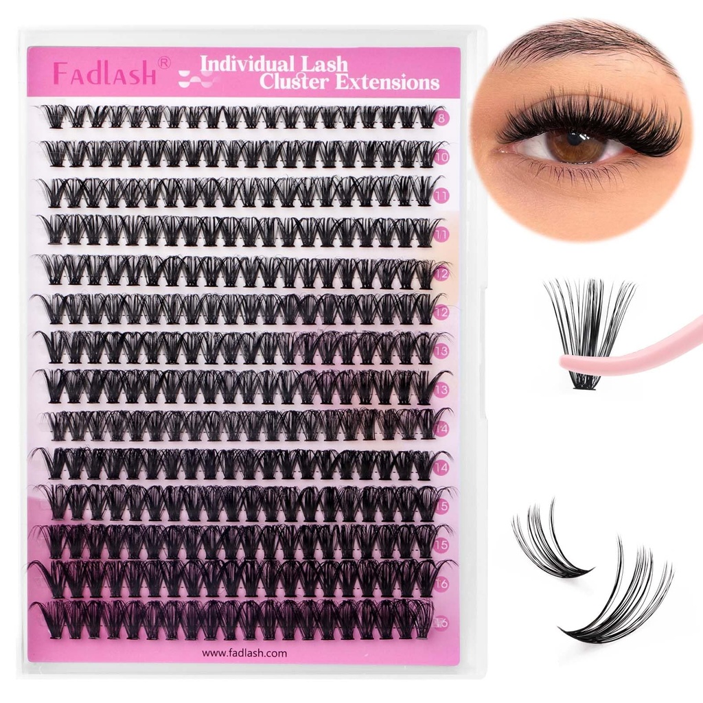 FADLASH DIY Lash Clusters Individual Eyeslash Extensions D Curl 280PCS Natural Eyelash Clusters Soft Band Wispy Volume Eyelash Extension for Beginners DIY at Home (40D-0.07-D, 8-16mm)
