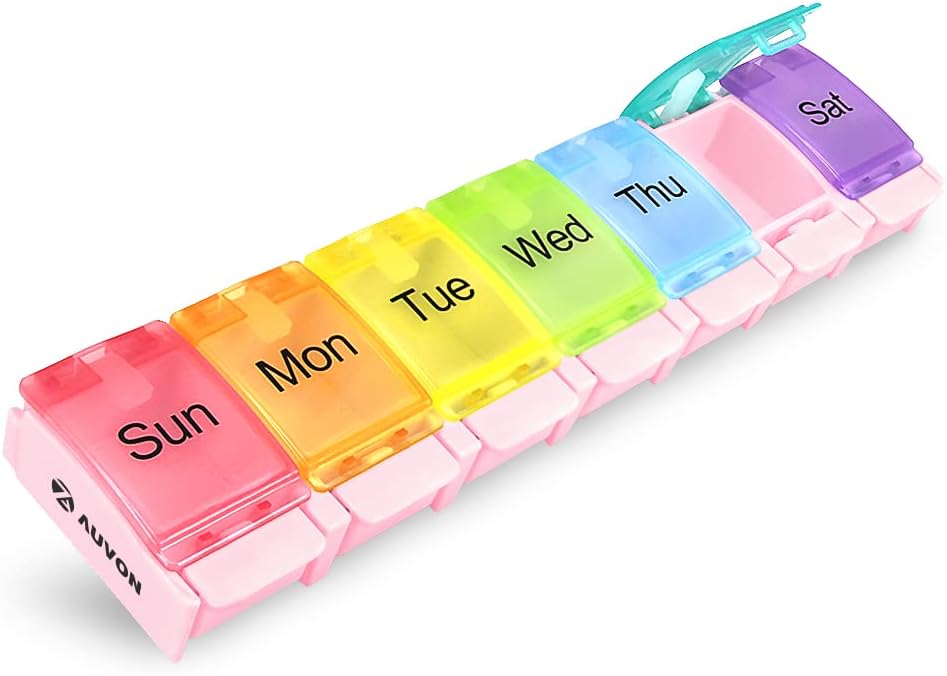 AUVON Organizador semanal de píldoras Artritis Friendly, BPA Free Travel 7 Day Pill Box Case with Spring Open Design and Large Compartment to Hold Vitamins, Cod Liver Oil, Supplements and Medication