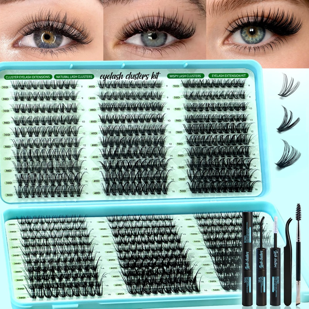 600 Pcs Wispy Lash Clusters Kit, D Curl Lashes Clusters Natural Look 9-16mm Individual Super Thin Band DIY Cluster Eyelash Extensions Kit with Bond Seal Tweezers Brush (30D 40D 50D Mix)