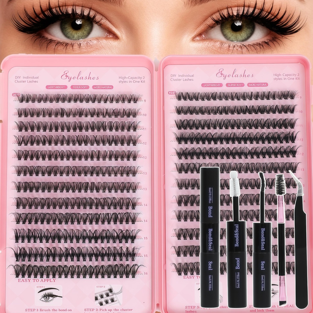 Lash Clusters Kit, Eyelash Clusters Individual Lash Extension Kit Pcs D Curl Fluffy Wispy False Eyelashes Extensions Thin Band with Bond Seal Tweezers Brush Removers (30D+40D KIT 9-16mm)