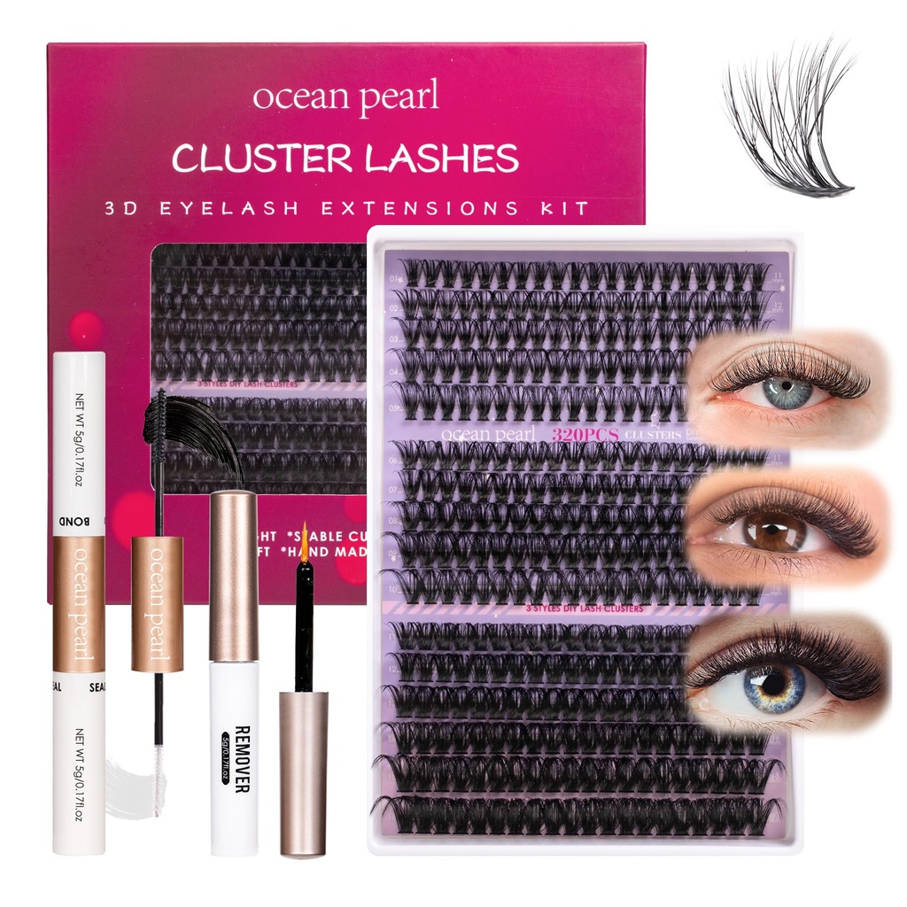 Ocean Pearl Lash Clusters 320pcs 11-20mm Lash Clusters Kit 40D+50D+100D Eyelashes, Lash Extension Kit,Lashes Clusters Eyelash Extensions Kit,Eyelash Clusters with lash adhesive+sealer+remover+Tweezers