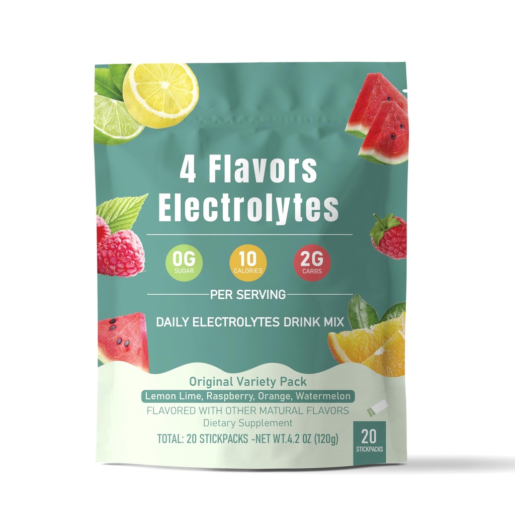 Electrolyte Drink Mix Powder - 4 Flavors, 20 Stickpacks | Gluten-Free, Vegan, Non-GMO, Keto-Friendly Hydration Packets