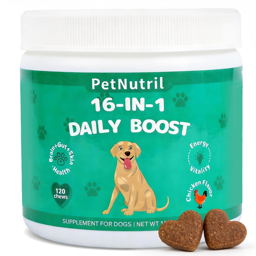 Dog Vitamins and Supplements, 16 in 1 Multivitamins Essential Dog Vitamin Minerals Chewable with Omega-3 Fish Oil Glucosamine Probiotics for Pet Hip Joint Skin Coat Digestion Health, 120 Chews