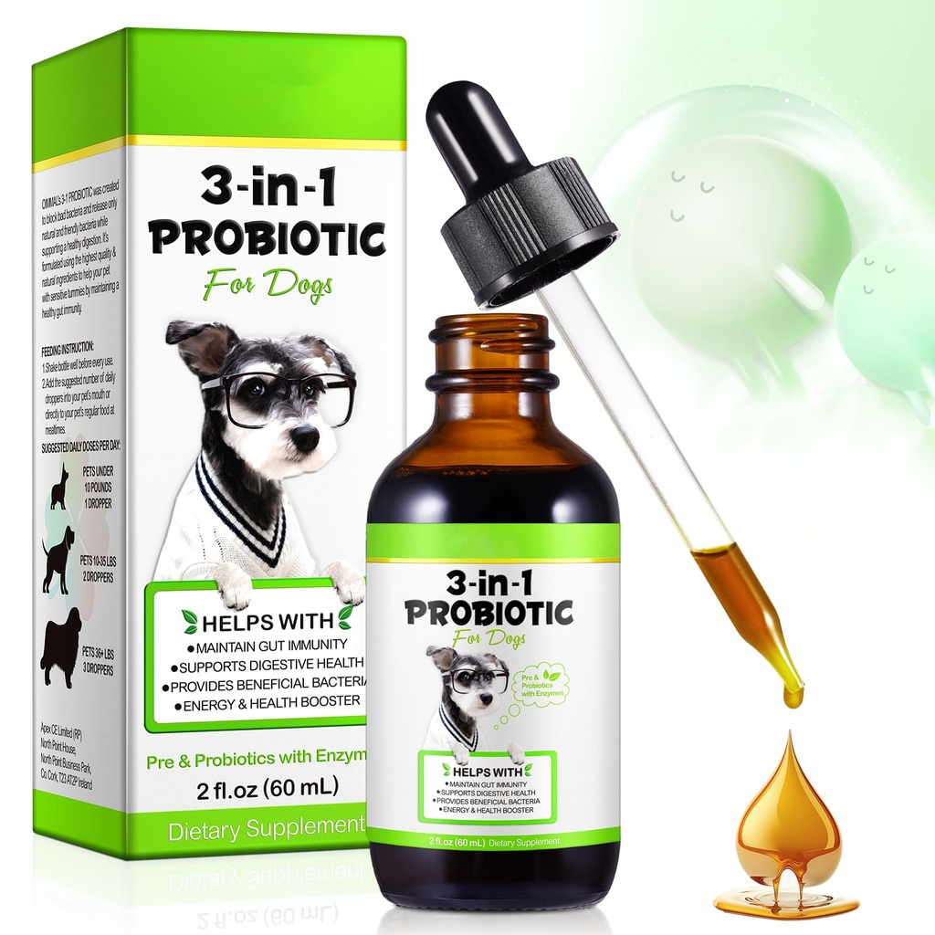 3-in-1 Probiotics for Dogs with Digestive Enzymes for Digestive Health, Gut Health & Immune Support, Liquid Dog Probiotic Supplement for Sensitive Stomachs, Diarrhea Relief & Gut Health, 2 fl oz