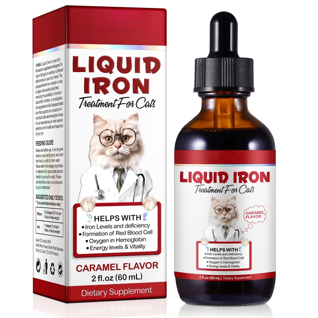 Liquid Iron for Cats, Liquid Iron Drops for Cats Supports Anemia, Low Enery Levels and Lethargy Cats- Improve Energy Levels & Vitality, Pet Supplies Cat Vitamin Supplement, Caramel Flavor - 2 fl.oz