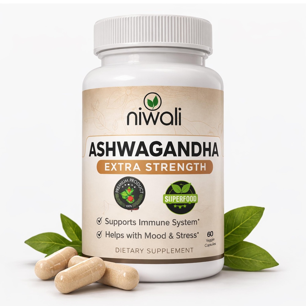 Organic Ashwagandha Capsules, Extra Strength | Ayurvedic Supplement for Stress, Mood & Energy Support | with Black Pepper - 60 Count (1405 mg)