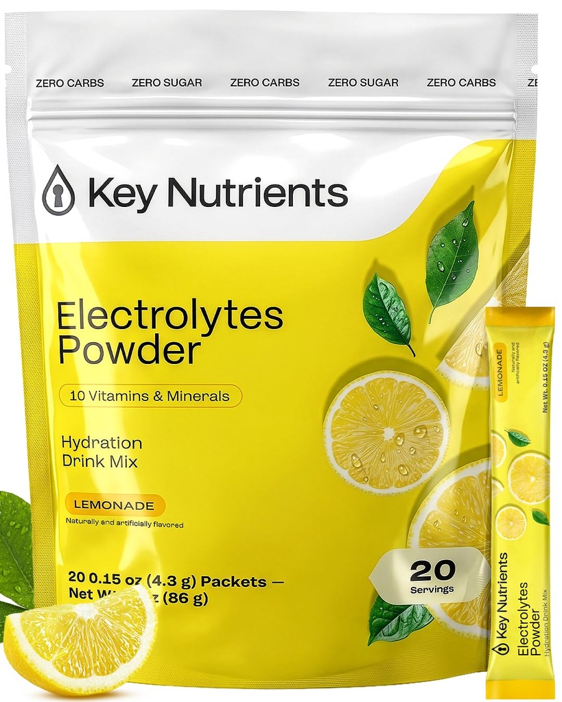 KEY NUTRIENTS Electrolytes Powder Packets - Multivitamin Lemonade 20 Pack Hydration Packets - Travel Hydration Powder - Improved Refreshing Taste - Made in USA - No Sugar, No Calories, Gluten Free