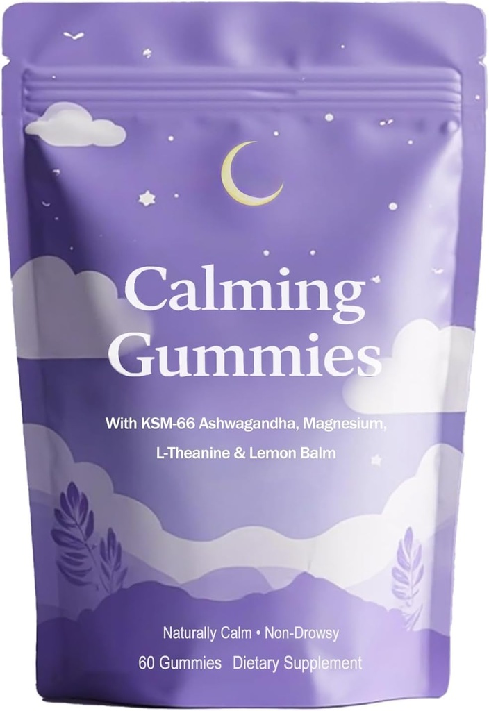 Calming Gummies, Relaxation Support Supplement with Ashwagandha, Magnesium, L-Theanine & Lemon Balm, Naturally Calm, Non-Drowsy, Dietary Supplement, 60 Gummies