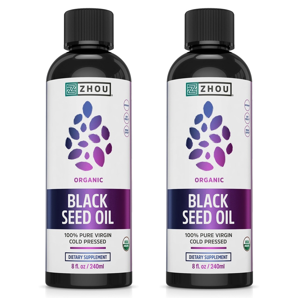 ZHOU Organic Black Seed Oil - Black Cumin Seed Oil Cold Pressed, Nigella Sativa, Pure Unrefined Blackseed Liquid, Premium Supplement for Health with Thymoquinone, Omega 3 6 9-8 Fl Oz (Pack of 2)