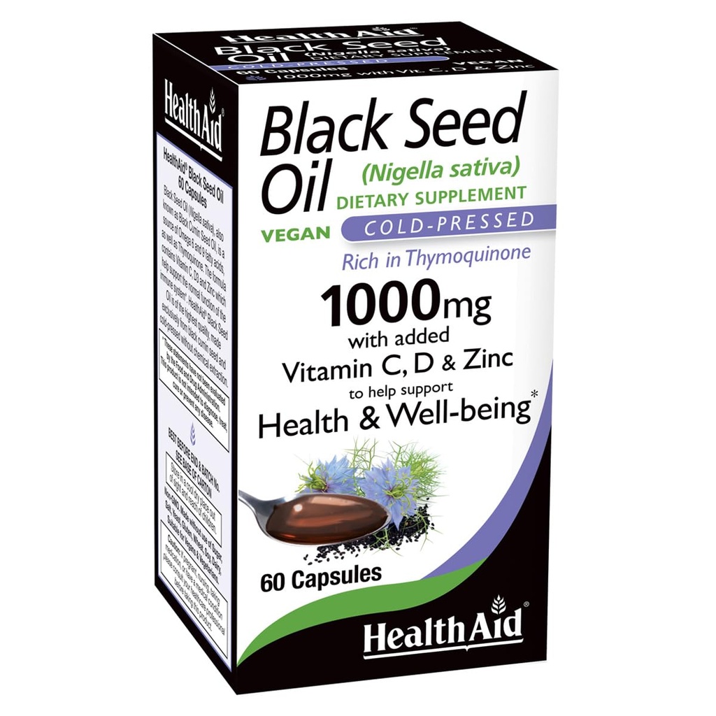 HealthAid Black Seed Oil Capsules, 1000mg, 60 Count, Cold-Pressed with Vitamin C, D, Zinc for General Health and Wellbeing, Vegan, Rich in Thymoquinone